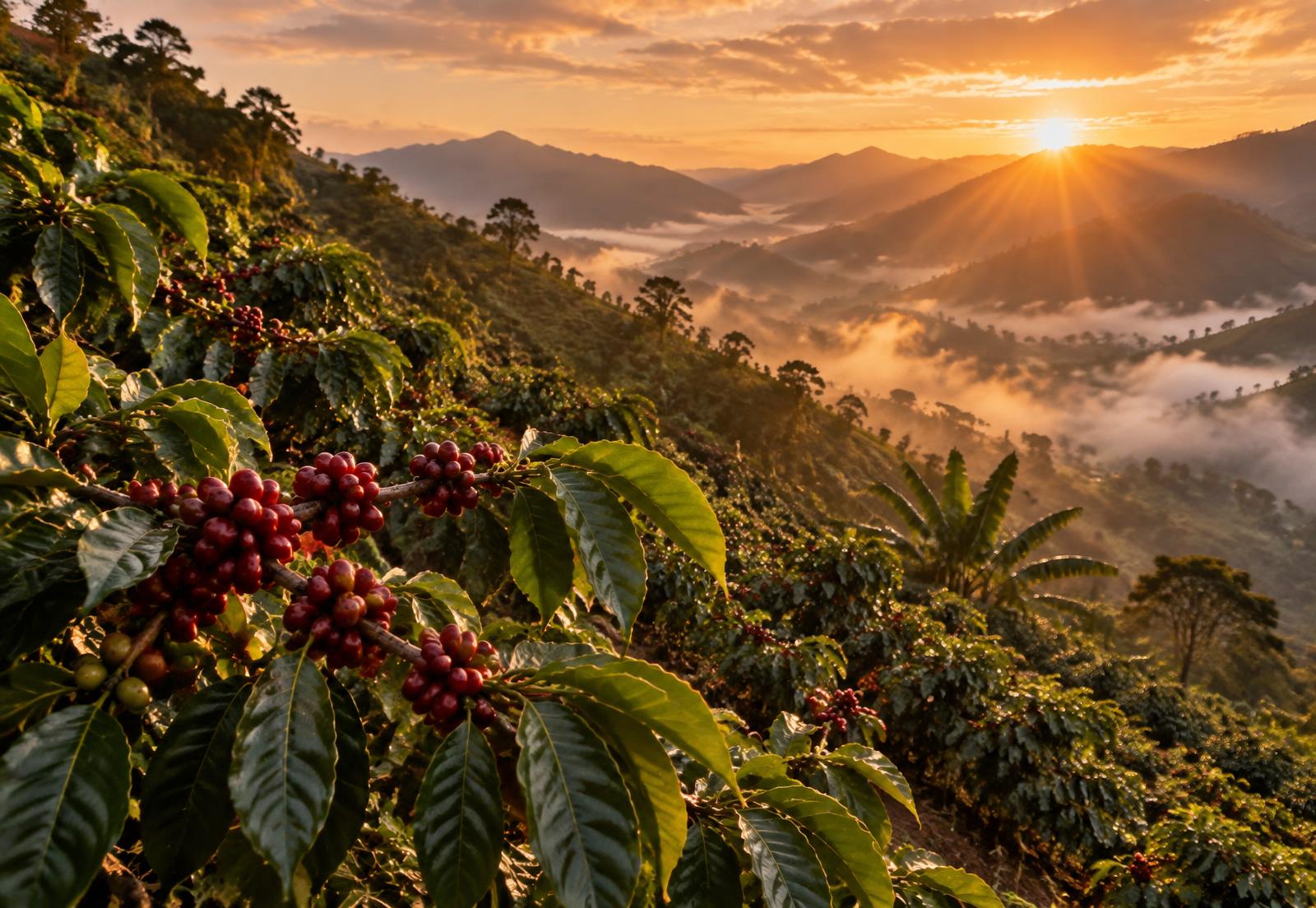 Caféiers chargés de cerises au lever du soleil, sur une pente andine